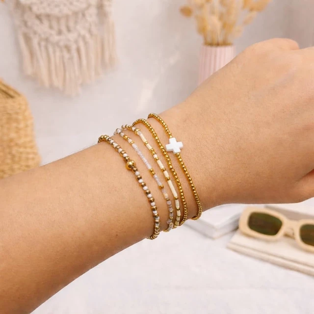 Alt view image 4 of 7 - Gold Bracelets for Women,Beaded Cross Stack,Non Tarnish Set,Set-10 | Gold Beaded Bracelet Stack with Stretch Fit, Waterproof Finish and Dainty Design for Everyday Wear and Gifts