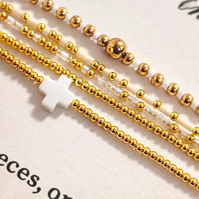 Alt view image 6 of 7 - Gold Bracelets for Women,Beaded Cross Stack,Non Tarnish Set,Set-10 | Gold Beaded Bracelet Stack with Stretch Fit, Waterproof Finish and Dainty Design for Everyday Wear and Gifts