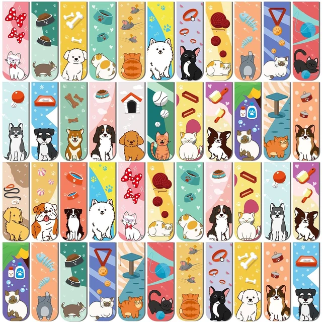 Main image of 50 Pcs Magnetic Bookmarks for Kids, Cat and Dog Bookmarks | 0.8 x 4.7In, 25 Styles, Printing on 2 Side, Reading Gifts for Kids, Back to School Gifts for Teacher Classroom Supplies