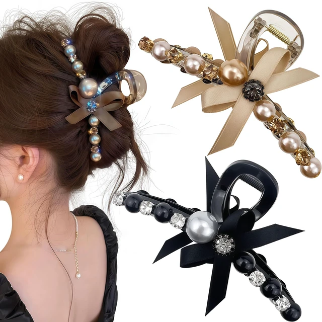 Main image of 2 Pcs Pearl Hair Clips for Women & Girls, Large Bow Hair Claw Clips, Non-Slip Shark Hair Clamp Barrettes for Thick & Thin Hair Styling Accessories