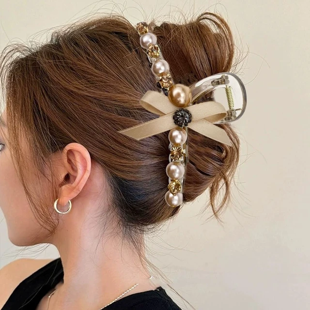 Alt view image 5 of 7 - 2 Pcs Pearl Hair Clips for Women & Girls, Large Bow Hair Claw Clips, Non-Slip Shark Hair Clamp Barrettes for Thick & Thin Hair Styling Accessories