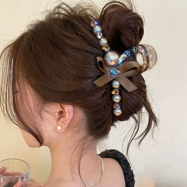 Alt view image 6 of 7 - 2 Pcs Pearl Hair Clips for Women & Girls, Large Bow Hair Claw Clips, Non-Slip Shark Hair Clamp Barrettes for Thick & Thin Hair Styling Accessories