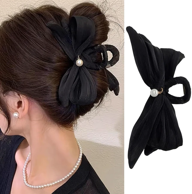 Main image of Pearl Bow Hair Clips Elegant Black Bowknot Hairgrips Hair Bows Claw Clip Temperament Shark Clip Hairpin Trendy Popular Hair Accessories for Women (Black)