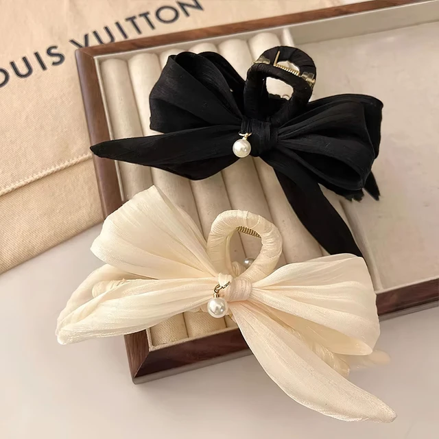 Alt view image 2 of 6 - Pearl Bow Hair Clips Elegant Black Bowknot Hairgrips Hair Bows Claw Clip Temperament Shark Clip Hairpin Trendy Popular Hair Accessories for Women (Black)