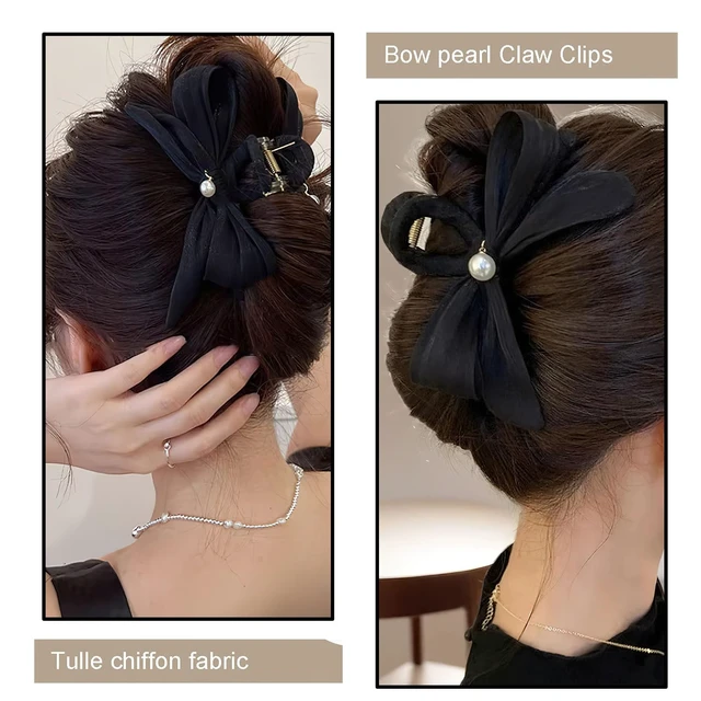 Alt view image 4 of 6 - Pearl Bow Hair Clips Elegant Black Bowknot Hairgrips Hair Bows Claw Clip Temperament Shark Clip Hairpin Trendy Popular Hair Accessories for Women (Black)