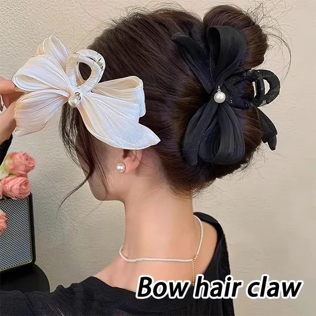 Alt view image 3 of 6 - Pearl Bow Hair Clips Elegant Black Bowknot Hairgrips Hair Bows Claw Clip Temperament Shark Clip Hairpin Trendy Popular Hair Accessories for Women (Black)