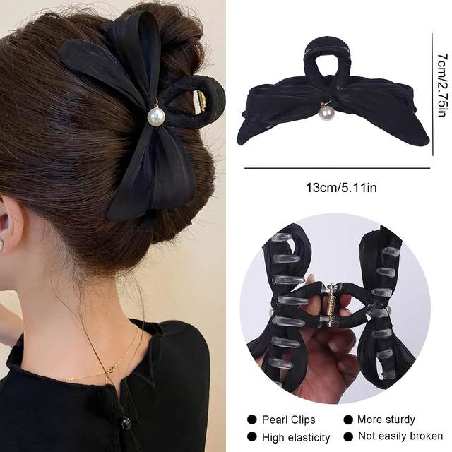 Alt view image 6 of 6 - Pearl Bow Hair Clips Elegant Black Bowknot Hairgrips Hair Bows Claw Clip Temperament Shark Clip Hairpin Trendy Popular Hair Accessories for Women (Black)