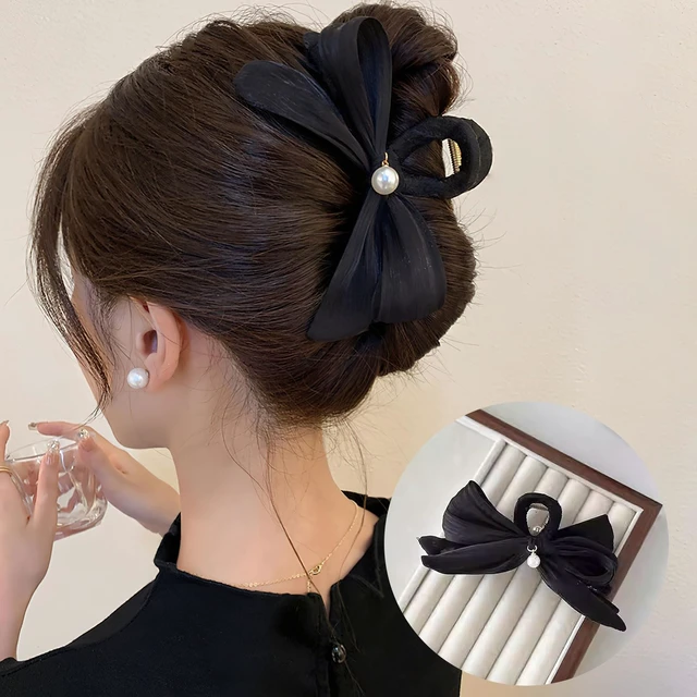 Alt view image 5 of 6 - Pearl Bow Hair Clips Elegant Black Bowknot Hairgrips Hair Bows Claw Clip Temperament Shark Clip Hairpin Trendy Popular Hair Accessories for Women (Black)