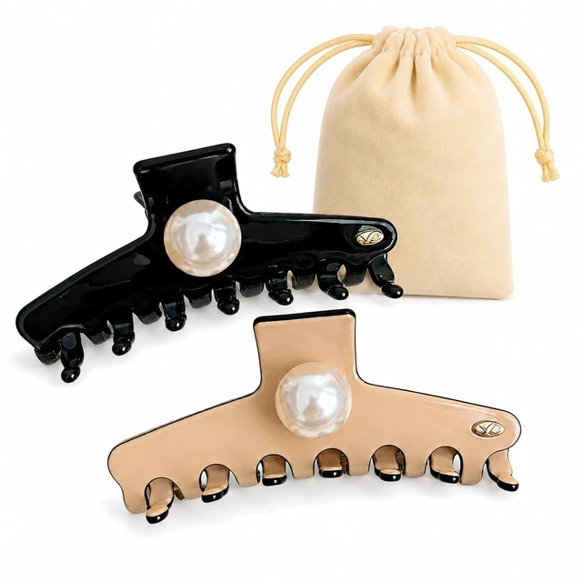 Main image of Large Acetate Hair Claw Clip for Women, 4.33 Inch Pearl Accent | Hair clip, smooth acetate, 4.33 inch, black and khaki, sturdy grip, thick or thin hair, office, travel, gifting, 1 piece