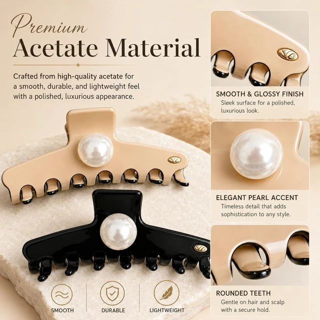 Alt view image 6 of 7 - Large Acetate Hair Claw Clip for Women, 4.33 Inch Pearl Accent | Hair clip, smooth acetate, 4.33 inch, black and khaki, sturdy grip, thick or thin hair, office, travel, gifting, 1 piece