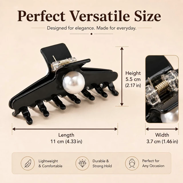 Alt view image 7 of 7 - Large Acetate Hair Claw Clip for Women, 4.33 Inch Pearl Accent | Hair clip, smooth acetate, 4.33 inch, black and khaki, sturdy grip, thick or thin hair, office, travel, gifting, 1 piece