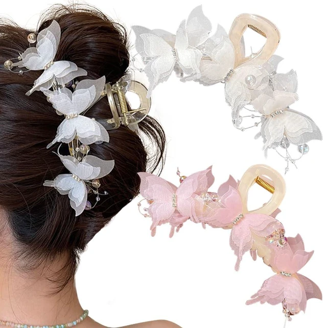 Main image of 2Pcs Butterfly Hair Claw Clips, Cute Hair Clips with Pearl Rhinestone Design, Large Sweet Claw Clip Fashion Elegant Hair Clip for Thick or Thin Hair, Shark Clips Hair Accessories for Women Girls