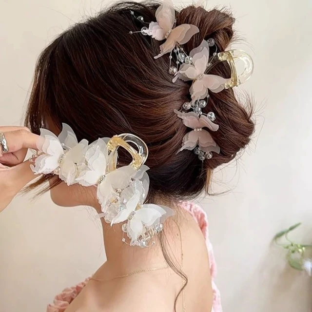 Alt view image 3 of 7 - 2Pcs Butterfly Hair Claw Clips, Cute Hair Clips with Pearl Rhinestone Design, Large Sweet Claw Clip Fashion Elegant Hair Clip for Thick or Thin Hair, Shark Clips Hair Accessories for Women Girls