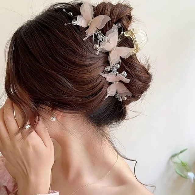 Alt view image 5 of 7 - 2Pcs Butterfly Hair Claw Clips, Cute Hair Clips with Pearl Rhinestone Design, Large Sweet Claw Clip Fashion Elegant Hair Clip for Thick or Thin Hair, Shark Clips Hair Accessories for Women Girls