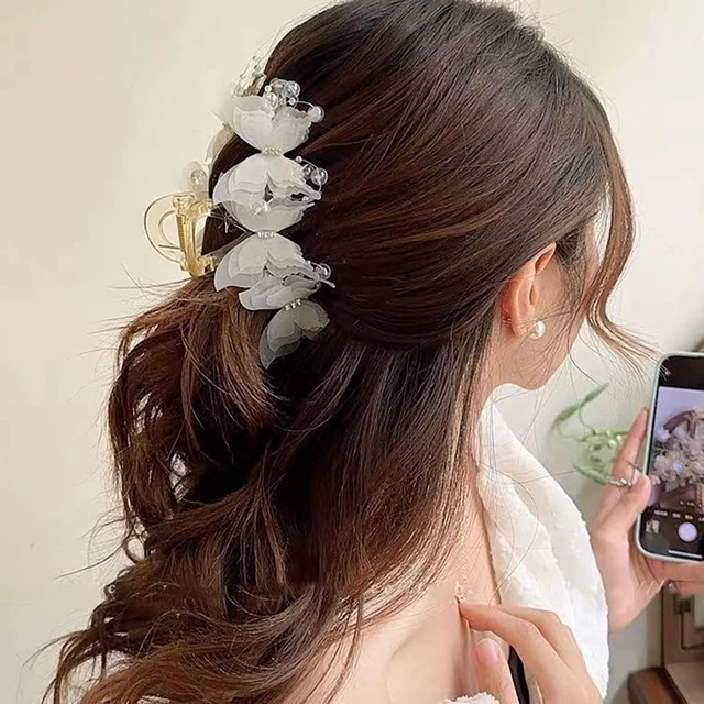Alt view image 4 of 7 - 2Pcs Butterfly Hair Claw Clips, Cute Hair Clips with Pearl Rhinestone Design, Large Sweet Claw Clip Fashion Elegant Hair Clip for Thick or Thin Hair, Shark Clips Hair Accessories for Women Girls
