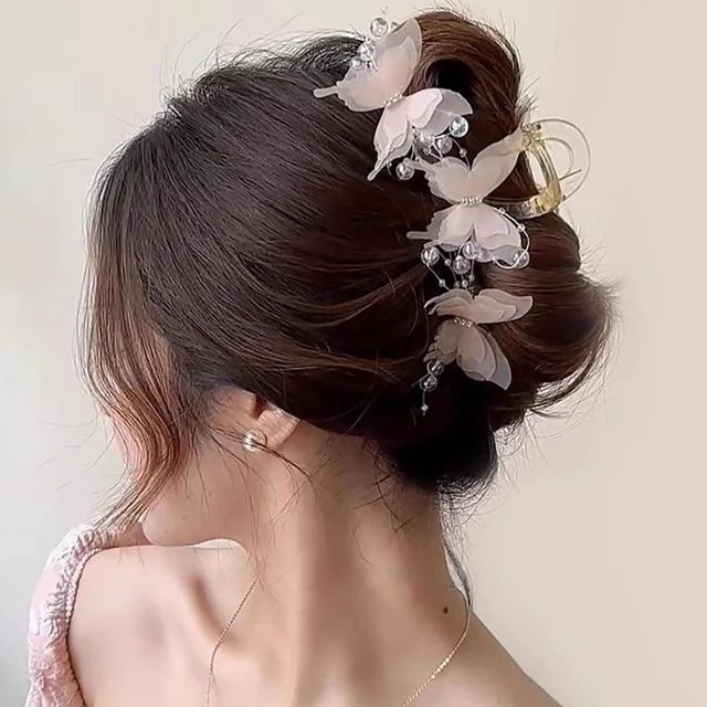 Alt view image 6 of 7 - 2Pcs Butterfly Hair Claw Clips, Cute Hair Clips with Pearl Rhinestone Design, Large Sweet Claw Clip Fashion Elegant Hair Clip for Thick or Thin Hair, Shark Clips Hair Accessories for Women Girls