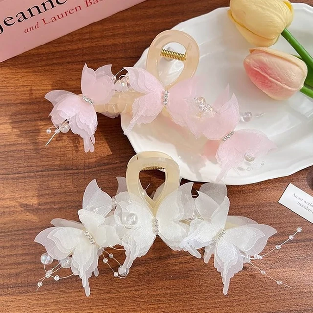 Alt view image 7 of 7 - 2Pcs Butterfly Hair Claw Clips, Cute Hair Clips with Pearl Rhinestone Design, Large Sweet Claw Clip Fashion Elegant Hair Clip for Thick or Thin Hair, Shark Clips Hair Accessories for Women Girls