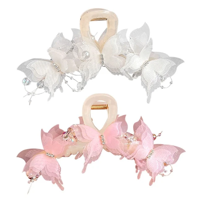 Alt view image 2 of 7 - 2Pcs Butterfly Hair Claw Clips, Cute Hair Clips with Pearl Rhinestone Design, Large Sweet Claw Clip Fashion Elegant Hair Clip for Thick or Thin Hair, Shark Clips Hair Accessories for Women Girls