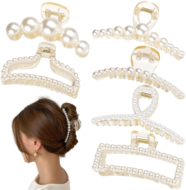 Main image of Pearl Hair Claw Clips, Large Barrettes for Thin, Thick, Curly or Long Hair, White Jaw Clips Hair Accessories for Women and Girls