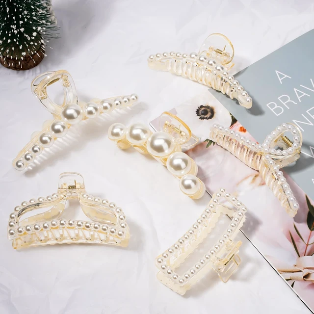 Alt view image 6 of 6 - Pearl Hair Claw Clips, Large Barrettes for Thin, Thick, Curly or Long Hair, White Jaw Clips Hair Accessories for Women and Girls