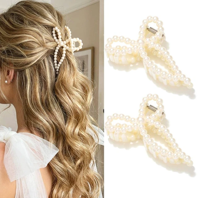 Main image of Pearl Bow Claw Clip White Hair Clips Hair Accessories for Women | 2Pack Bridal Claw Clips Medium Hair Clips Pearl Hair Claw Clips