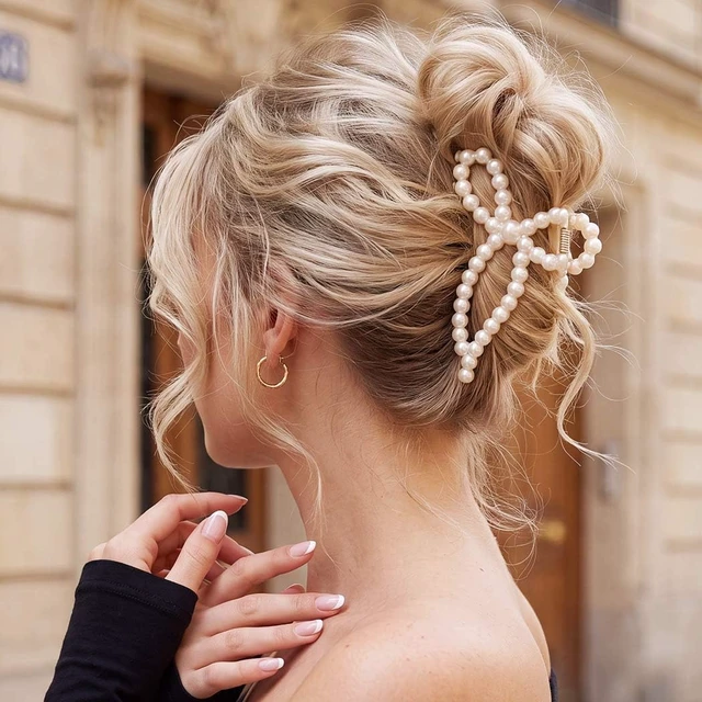 Alt view image 3 of 7 - Pearl Bow Claw Clip White Hair Clips Hair Accessories for Women | 2Pack Bridal Claw Clips Medium Hair Clips Pearl Hair Claw Clips