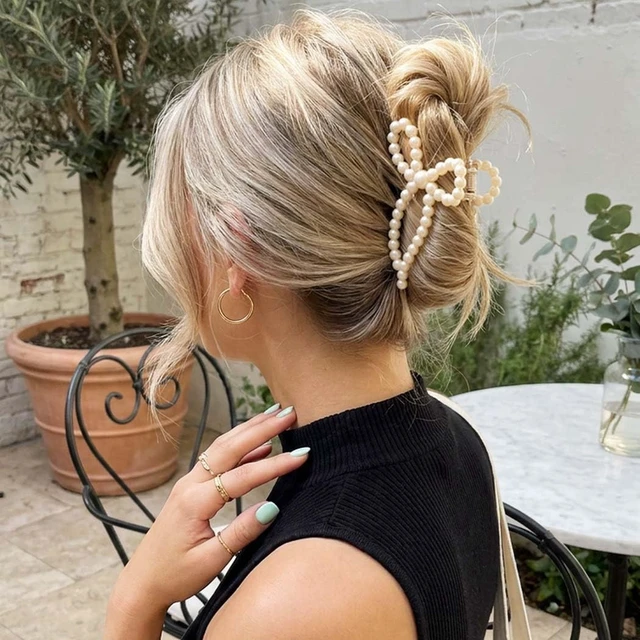 Alt view image 6 of 7 - Pearl Bow Claw Clip White Hair Clips Hair Accessories for Women | 2Pack Bridal Claw Clips Medium Hair Clips Pearl Hair Claw Clips