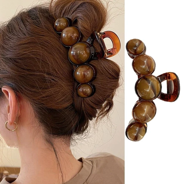 Main image of Brown Pearl Hair Clips Large Pearl Hair Claw Clips for Thick or Thin Hair Acrylic Hair Accessories Elegant Smudging Design Hair Clamp Clip No Crease Jaw Clips Barrette for Daily Wedding Hair Styling