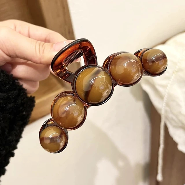 Alt view image 2 of 7 - Brown Pearl Hair Clips Large Pearl Hair Claw Clips for Thick or Thin Hair Acrylic Hair Accessories Elegant Smudging Design Hair Clamp Clip No Crease Jaw Clips Barrette for Daily Wedding Hair Styling