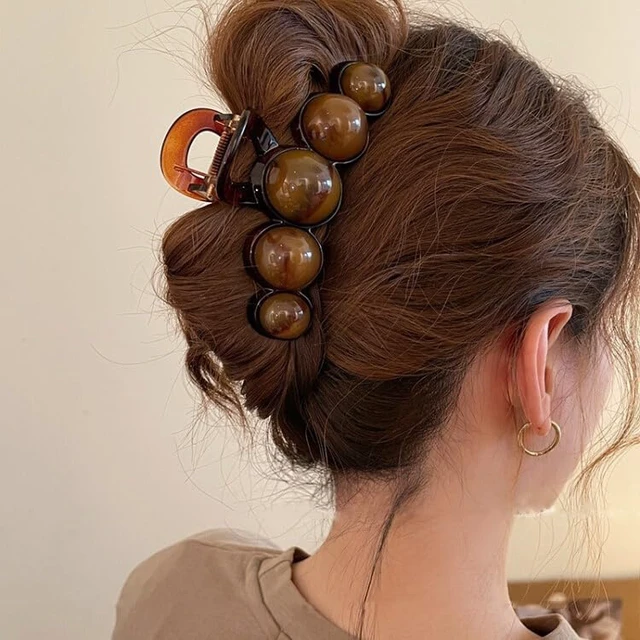 Alt view image 4 of 7 - Brown Pearl Hair Clips Large Pearl Hair Claw Clips for Thick or Thin Hair Acrylic Hair Accessories Elegant Smudging Design Hair Clamp Clip No Crease Jaw Clips Barrette for Daily Wedding Hair Styling