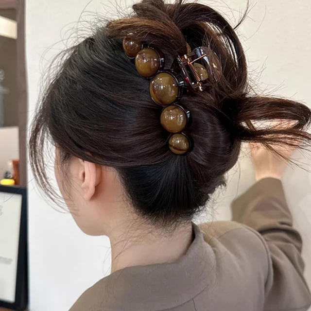 Alt view image 5 of 7 - Brown Pearl Hair Clips Large Pearl Hair Claw Clips for Thick or Thin Hair Acrylic Hair Accessories Elegant Smudging Design Hair Clamp Clip No Crease Jaw Clips Barrette for Daily Wedding Hair Styling