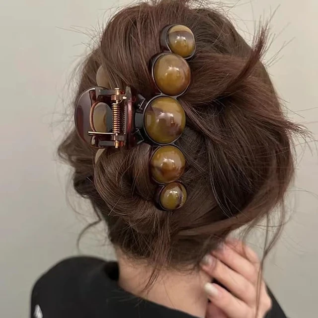 Alt view image 6 of 7 - Brown Pearl Hair Clips Large Pearl Hair Claw Clips for Thick or Thin Hair Acrylic Hair Accessories Elegant Smudging Design Hair Clamp Clip No Crease Jaw Clips Barrette for Daily Wedding Hair Styling
