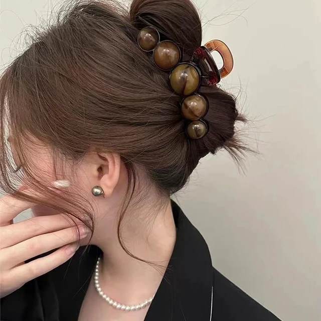 Alt view image 7 of 7 - Brown Pearl Hair Clips Large Pearl Hair Claw Clips for Thick or Thin Hair Acrylic Hair Accessories Elegant Smudging Design Hair Clamp Clip No Crease Jaw Clips Barrette for Daily Wedding Hair Styling