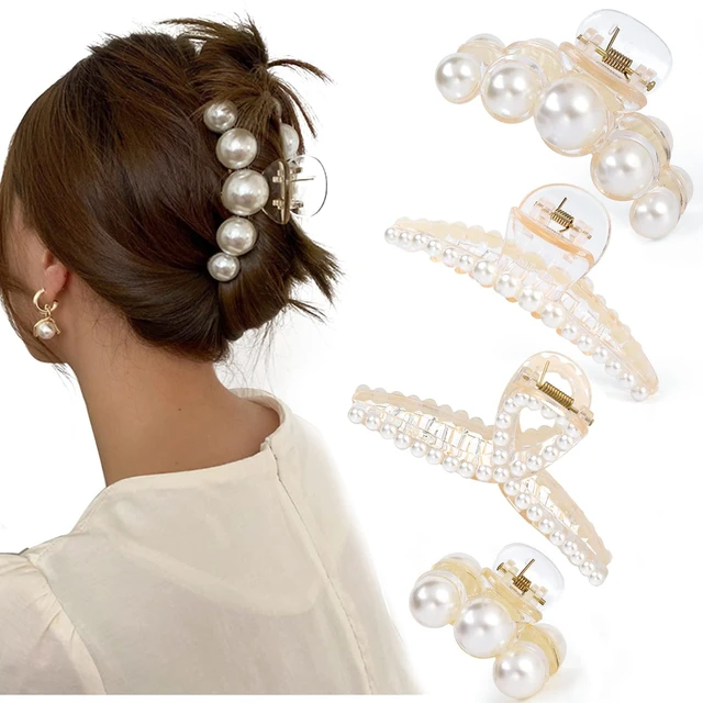 Main image of 4 PCS Large Pearl Hair Claw Clips for Women Girls, Hair Barrette Clamps for Thick Thin Hair, Fashion Hair Accessories Headwear Styling Tools for Party Wedding