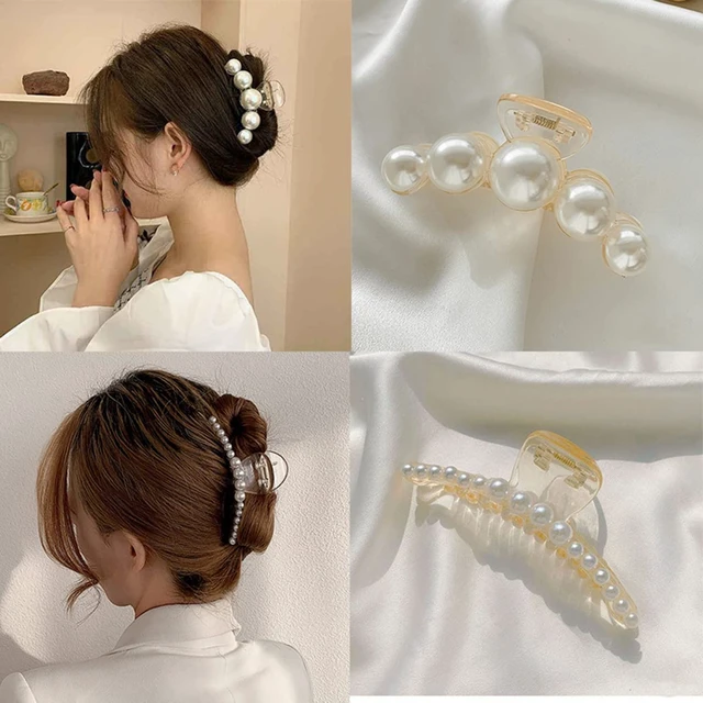 Alt view image 3 of 7 - 4 PCS Large Pearl Hair Claw Clips for Women Girls, Hair Barrette Clamps for Thick Thin Hair, Fashion Hair Accessories Headwear Styling Tools for Party Wedding