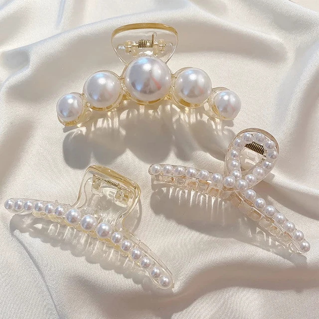 Alt view image 7 of 7 - 4 PCS Large Pearl Hair Claw Clips for Women Girls, Hair Barrette Clamps for Thick Thin Hair, Fashion Hair Accessories Headwear Styling Tools for Party Wedding