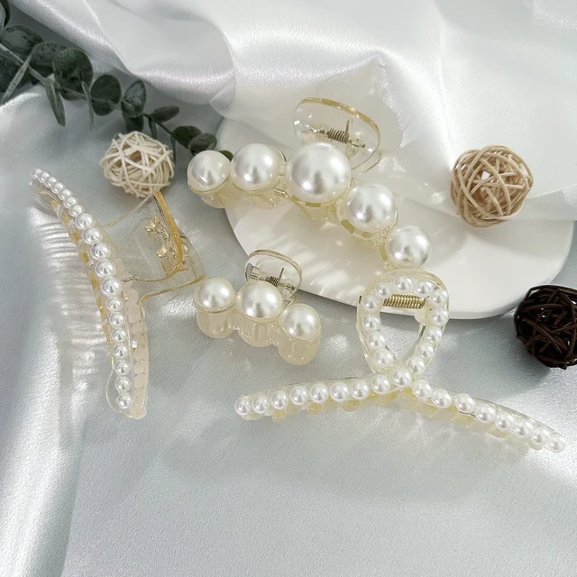 Alt view image 6 of 7 - 4 PCS Large Pearl Hair Claw Clips for Women Girls, Hair Barrette Clamps for Thick Thin Hair, Fashion Hair Accessories Headwear Styling Tools for Party Wedding