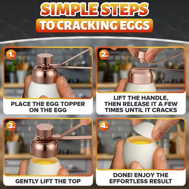 Alt view image 5 of 7 - Egg Cracker Tool for Raw Eggs, Pull-and-Release Topper (Copper) | Stainless Steel Egg Shell Opener for Soft & Hard-Boiled Eggs; Clean-Cut; Yolk Intact; for Breakfast & Baking; Dishwasher Safe
