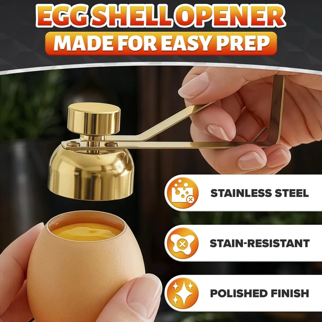 Alt view image 3 of 7 - Egg Cracker Tool for Raw Eggs, Pull-and-Release Topper (Gold) | Stainless Steel Egg Shell Opener for Soft & Hard-Boiled Eggs; Clean-Cut; Yolk Intact; for Breakfast & Baking; Dishwasher Safe