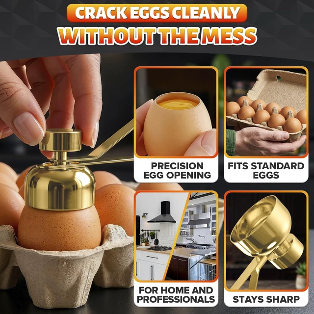 Alt view image 4 of 7 - Egg Cracker Tool for Raw Eggs, Pull-and-Release Topper (Gold) | Stainless Steel Egg Shell Opener for Soft & Hard-Boiled Eggs; Clean-Cut; Yolk Intact; for Breakfast & Baking; Dishwasher Safe