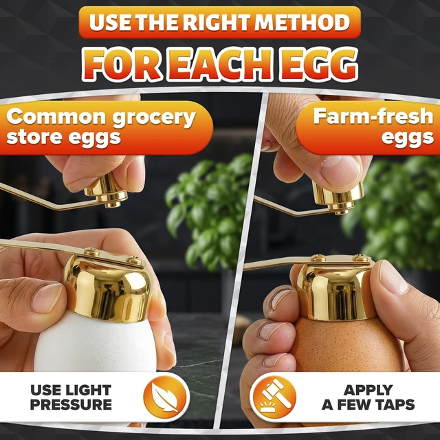 Alt view image 6 of 7 - Egg Cracker Tool for Raw Eggs, Pull-and-Release Topper (Gold) | Stainless Steel Egg Shell Opener for Soft & Hard-Boiled Eggs; Clean-Cut; Yolk Intact; for Breakfast & Baking; Dishwasher Safe