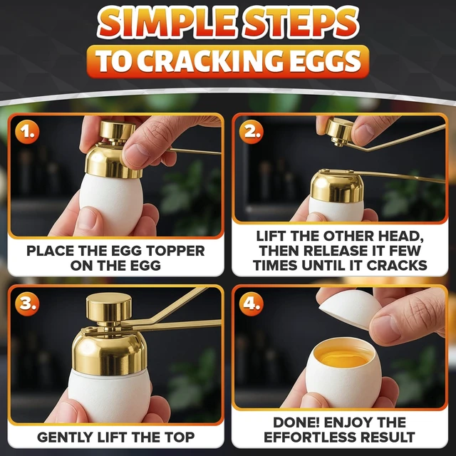 Alt view image 5 of 7 - Egg Cracker Tool for Raw Eggs, Pull-and-Release Topper (Gold) | Stainless Steel Egg Shell Opener for Soft & Hard-Boiled Eggs; Clean-Cut; Yolk Intact; for Breakfast & Baking; Dishwasher Safe