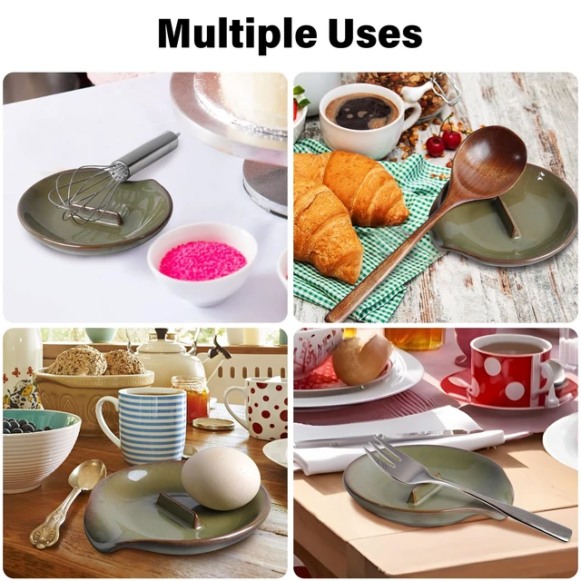Alt view image 6 of 7 - Egg Cracker Spoon Holder, Spoon Rest for Kitchen, Ceramic Spoon Holder for Stove Top, Cooking Spoon Holder,Heat Resistant Utensil Rest for Countertop, Dishwasher Safe, Blue (Green)