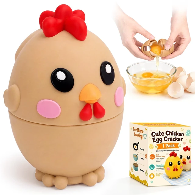 Main image of Egg Cracker Tool for Raw Eggs, Cute Chicken Silicone Egg Shell Opener Brown | Egg Breaker Tool with Stainless Steel Cutter, Less Mess Egg Opener Kitchen Gadget for Breakfast Baking Meal Prep