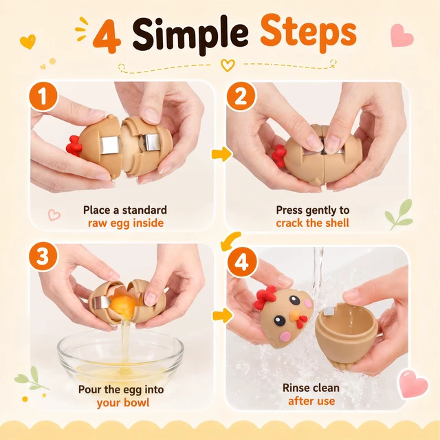 Alt view image 2 of 7 - Egg Cracker Tool for Raw Eggs, Cute Chicken Silicone Egg Shell Opener Brown | Egg Breaker Tool with Stainless Steel Cutter, Less Mess Egg Opener Kitchen Gadget for Breakfast Baking Meal Prep