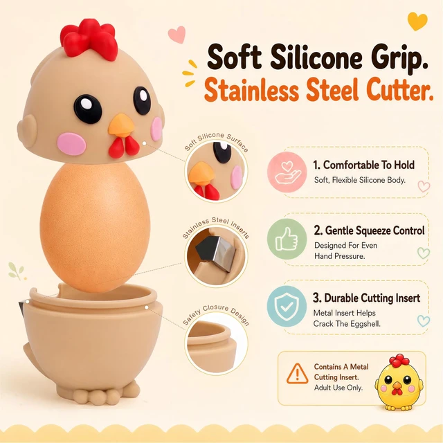 Alt view image 5 of 7 - Egg Cracker Tool for Raw Eggs, Cute Chicken Silicone Egg Shell Opener Brown | Egg Breaker Tool with Stainless Steel Cutter, Less Mess Egg Opener Kitchen Gadget for Breakfast Baking Meal Prep