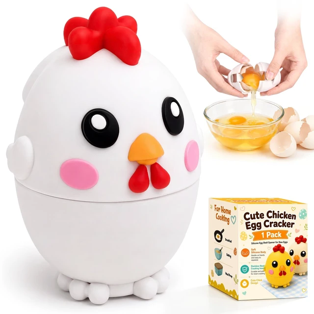 Main image of Egg Cracker Tool for Raw Eggs, Cute Chicken Silicone Egg Shell Opener White | Egg Breaker Tool with Stainless Steel Cutter, Less Mess Egg Opener Kitchen Gadget for Breakfast Baking Meal Prep