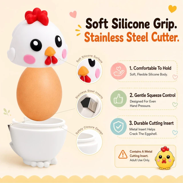 Alt view image 5 of 7 - Egg Cracker Tool for Raw Eggs, Cute Chicken Silicone Egg Shell Opener White | Egg Breaker Tool with Stainless Steel Cutter, Less Mess Egg Opener Kitchen Gadget for Breakfast Baking Meal Prep