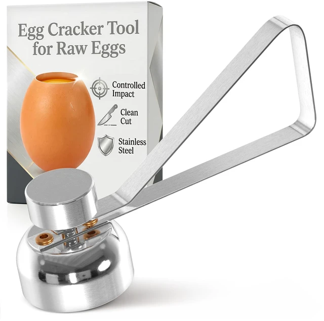 Main image of Egg Cracker Tool, Stainless Steel Topper, Spring-Loaded, Clean Cut | Egg Shell Opener, Adjustable Effort, Ergonomic Handle, No Shell Bits, Fits M to XL, for Raw, Soft & Hard Boiled Eggs