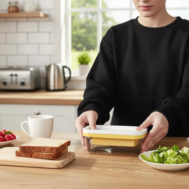 Alt view image 4 of 6 - Butter Cutter Slicer and keeper for Fridge, Butter Container | Compact 200g Fits East and West Coast Butter Sticks, PC with Stainless Steel Cutting Grid Container, Non-airtight Lid